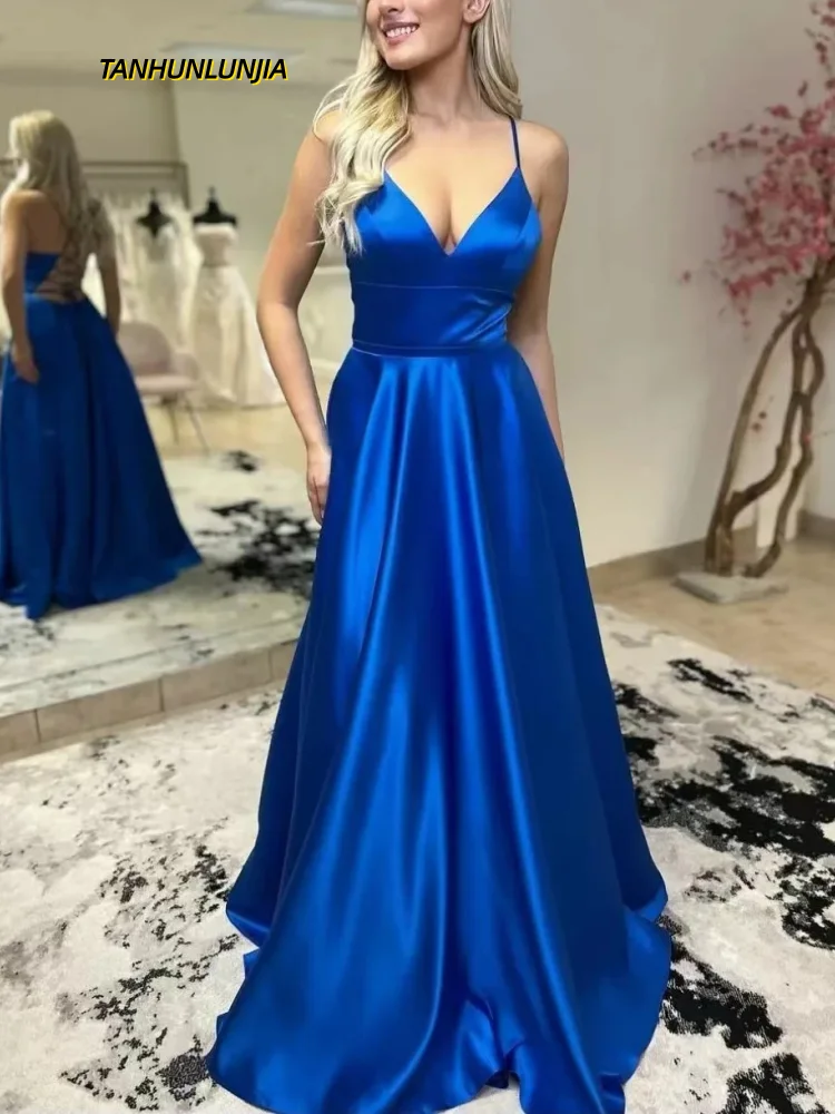 

Elegant V Neck Evening Dresses Floor Length Blue Satin A Line فستان المساء Sleeveless Backless Prom Party Dresses