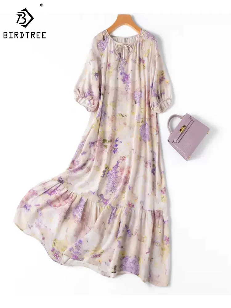 

BirdTree 100%Real Silk Elegant Dresses, Women Lantern Sleeve Lace-up Floral, Vacation Fashion A-Line Dress, 2024 Summer D43797QM
