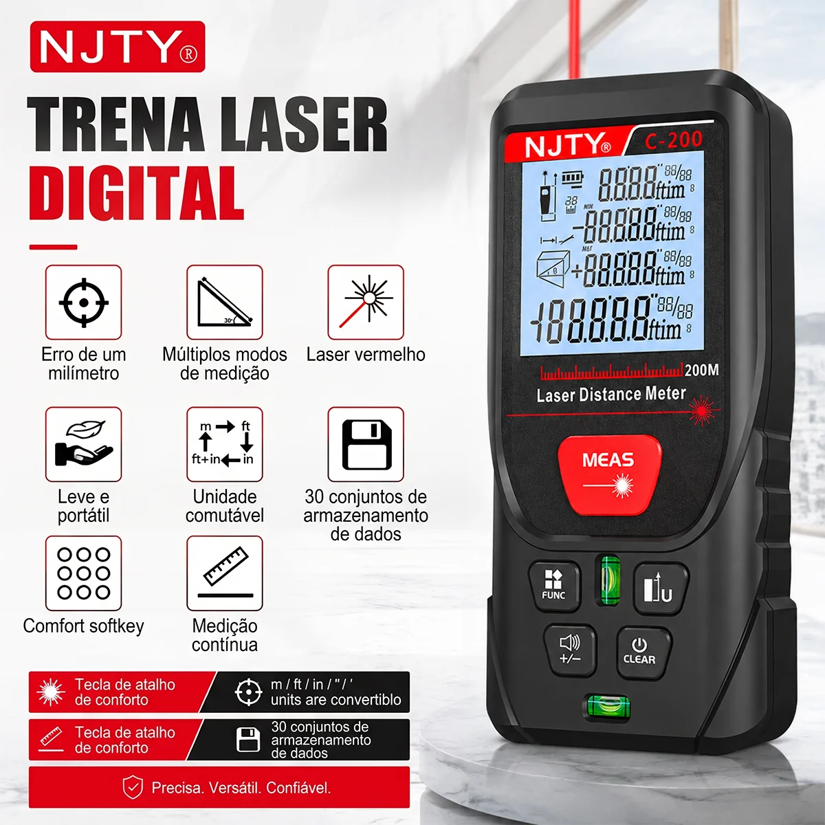 Medidor de Distância a Laser C-50/100/200m, Medidor de Distância Digital Portátil, Medição de Área, Volume e Pitagoras, Tela LCD Retroiluminada, Ferramentas