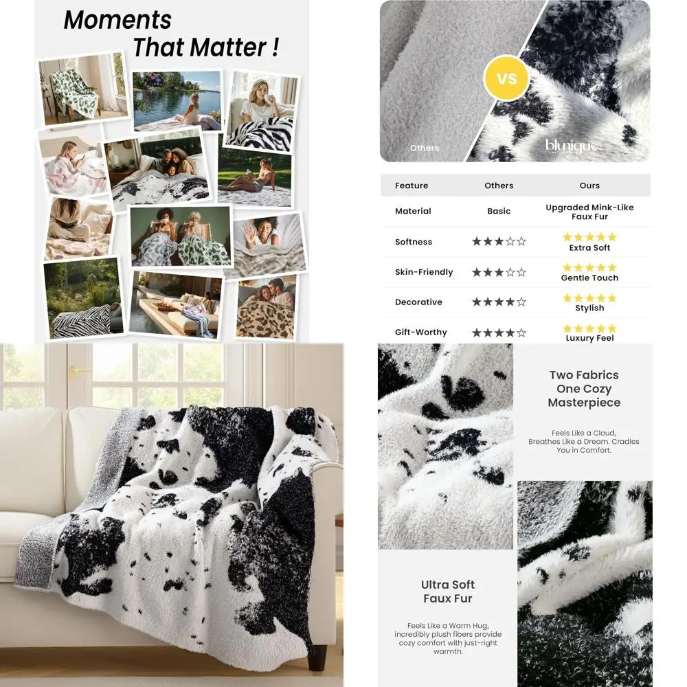 

Ультрамягкий уютный плед с коровьим принтом, легкий декор в западном стиле, плюшевый плед для дивана или кровати, 60x80 дюймов, черный