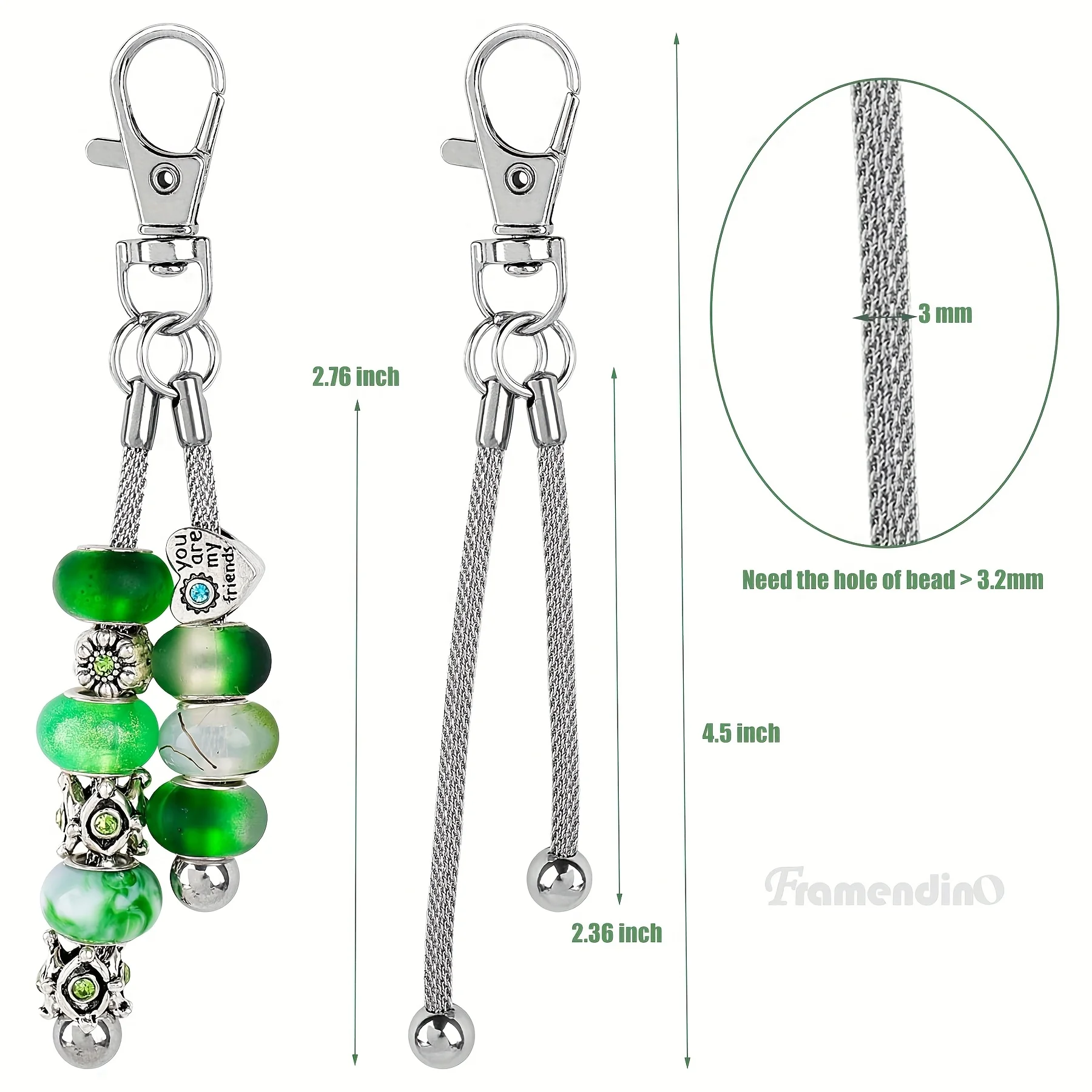 20 Pack Silvery Beadable Keychains Bar 3Mm Large Hole Bead Keychain Blank Metal Beaded for Pendant Making Kit