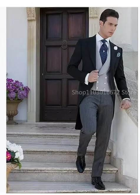 Black Long Tail Blazer 3 Pieces Gentleman Male Suit Men\'s Fashion Groom Tuxedo for Wedding Party Prom Jacket Vest with Pants