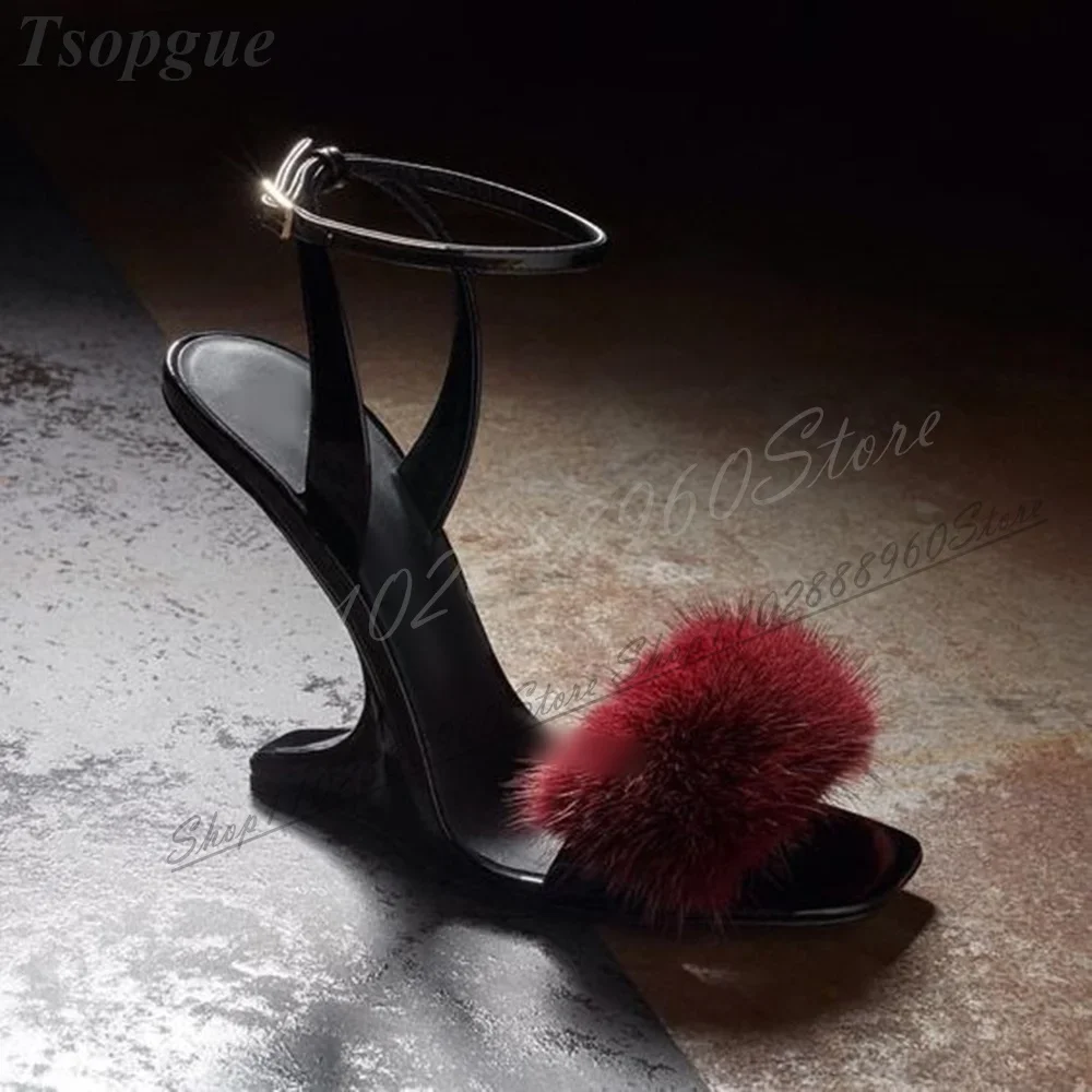 

Elegant Black Fur Shallow Sandals Strange Style Heel Women Shoes Ankle Buckle Strap Open Toe Fashionable Luxury Women Sandals