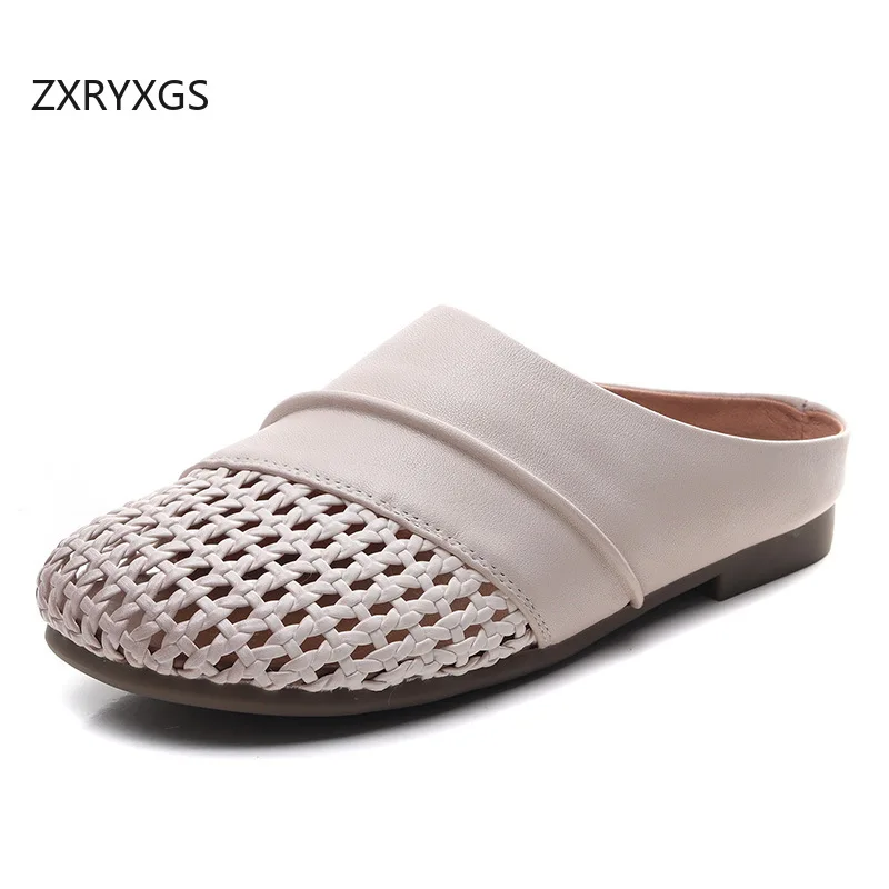 

ZXRYXGS Top Cowhide Woven Breathable Hollow Real Leather Slippers Outside Shoes 2025 New Elegant Comfortable Women Flat Slippers