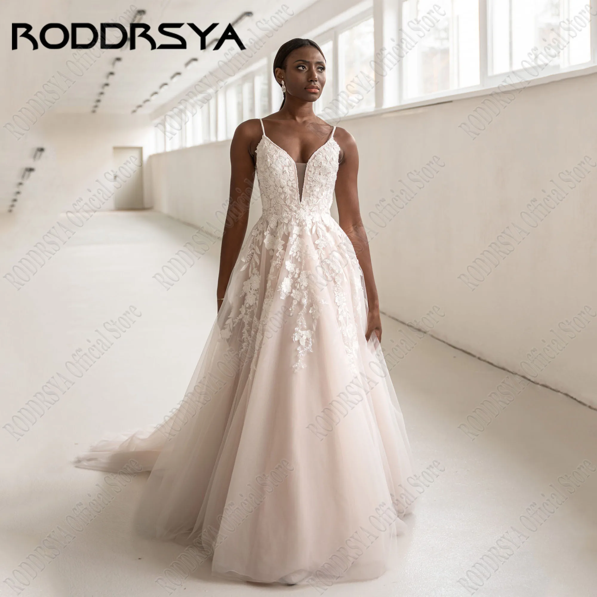 RODDRSYA-Vestidos De Novia bohemios De encaje con cuello en V, tirantes finos, línea A, Espalda descubierta, vestido De fiesta De Novia sin mangas De tulVestido de novia de estilo bohemio con encaje roddsya, correa de