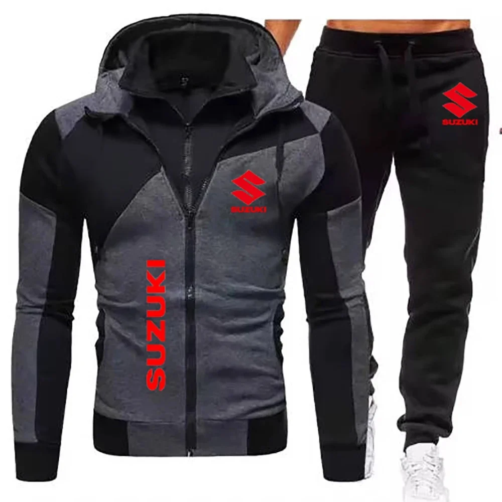 Suzuki New Men's Double Zipper Hoodie Set, Outdoor Cycling, Hiking, Customized Fitness Sweater, Sports Pants Set, Men's Wear