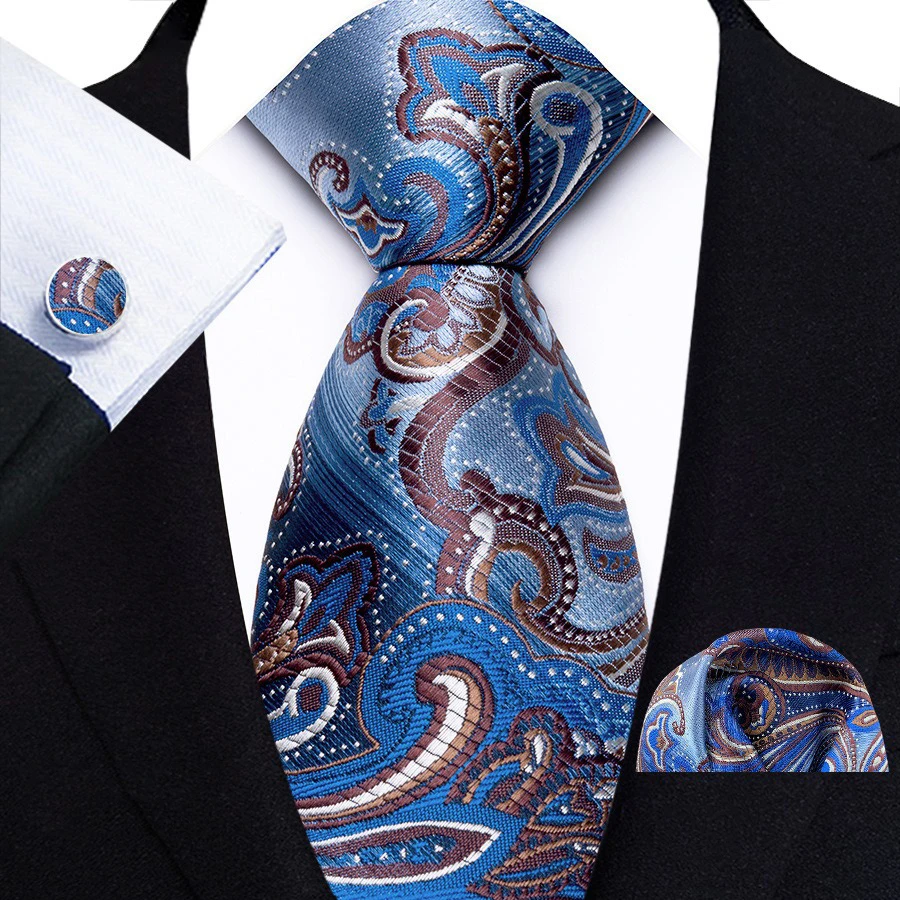 Herren-Krawatten-Set aus Seide, klassische Paisley-Krawatte, Einstecktuch, Manschettenknöpfe, Streifen-Blumen-Krawatte für Männer, formelle Business-Hochzeitsfeier
