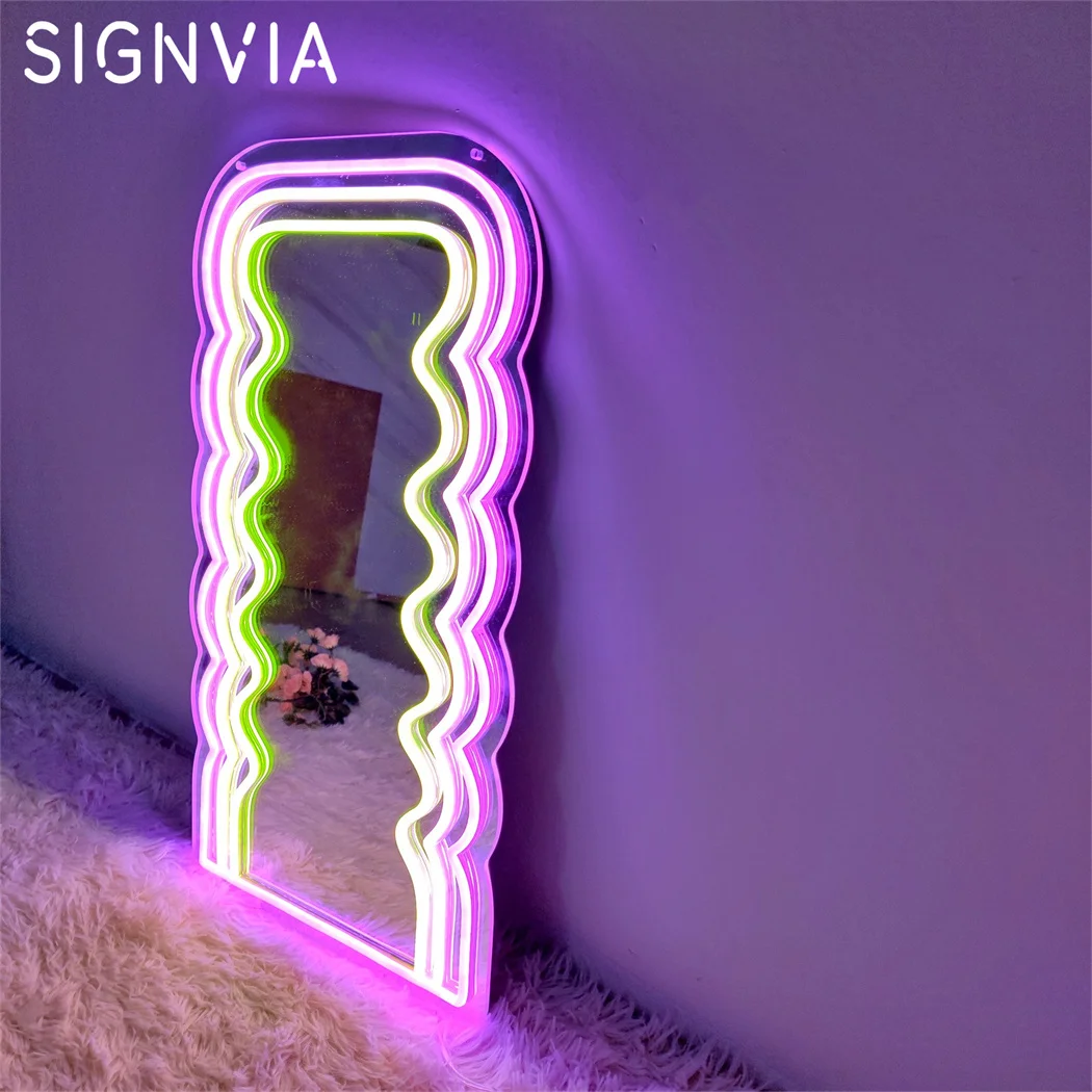 Wavy Mirror LED Neon Sign Home Room Decor Neon Lights Bedroom Party Aesthetic Decoration Art Wall Hanging Neon Signs LED Lights