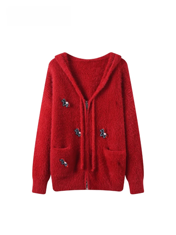 

Large Size Hooded Long Sve Women's Sweater Red Early Spring New Sle Lazy Faion Top for Plump Sister Polyester Fiber
