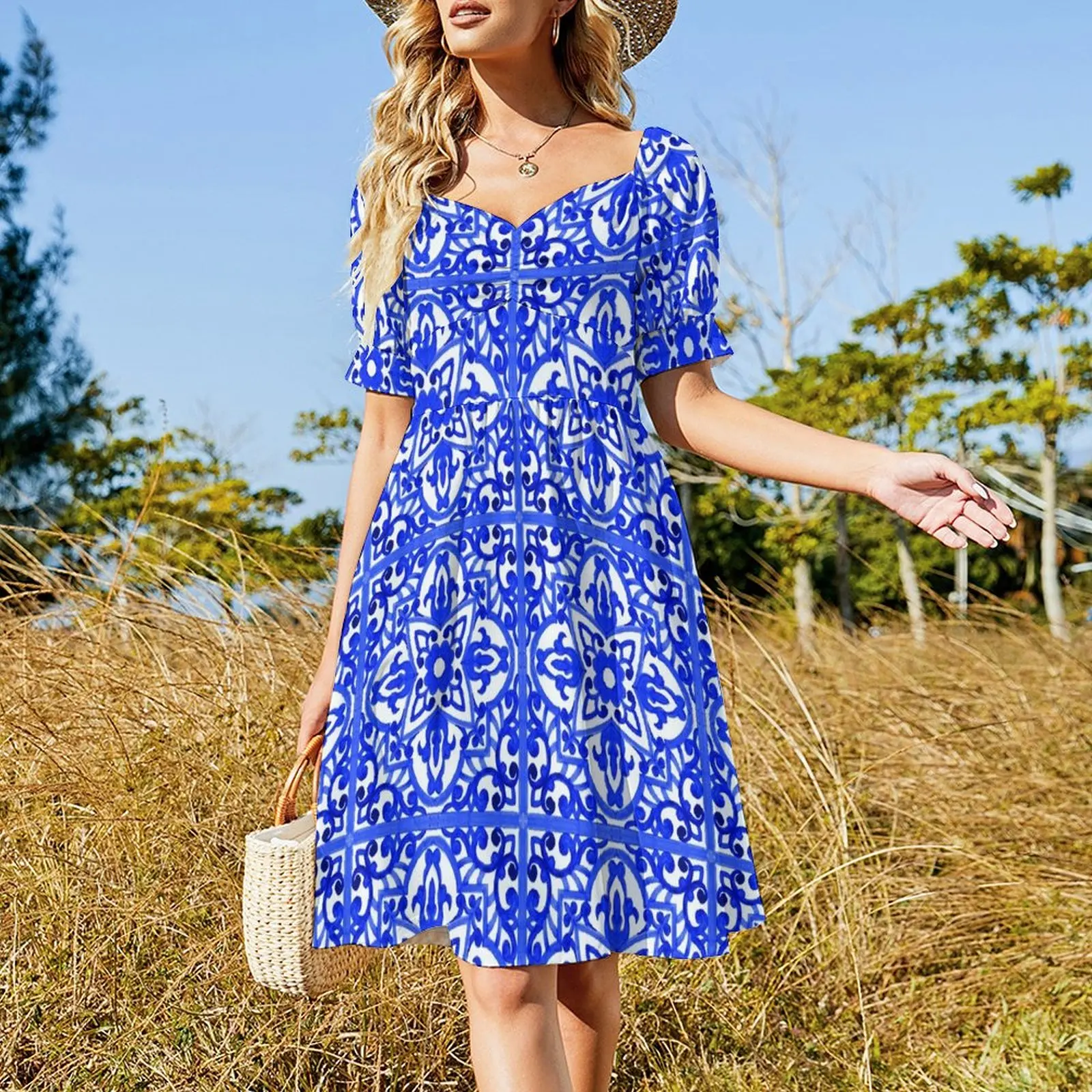 Portuguese azulejo tiles. Short Sleeved Dress women's summer dress 2025 evening dresses ladies Dress