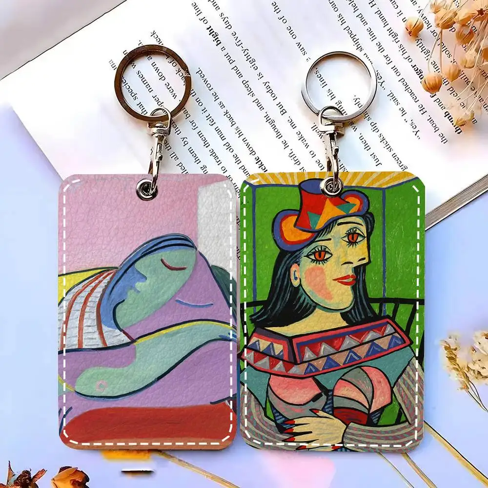 1pc Q-Picasso Abstract Art Card Case Keychain Access Card Bag Key Tag Ring Leather Card Holder Key Ring Access
