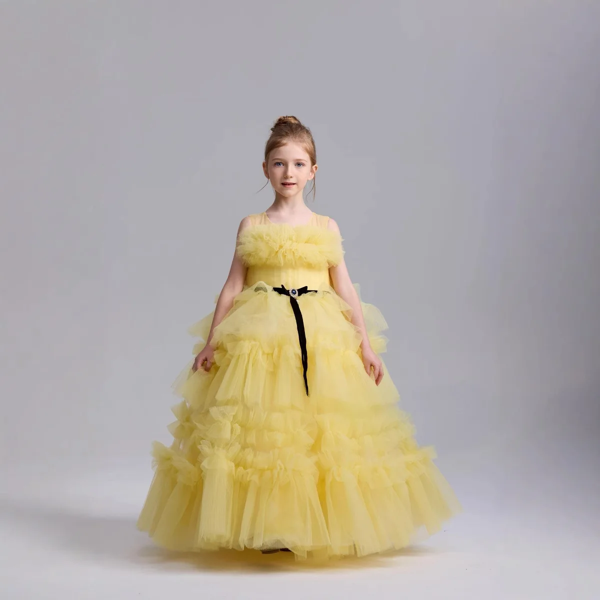 

Girls Princess Dresses Yellow Dress Long Round Neck Gowns Flower Girl Wedding Birthday Graduation Prom Evening Gown Customized
