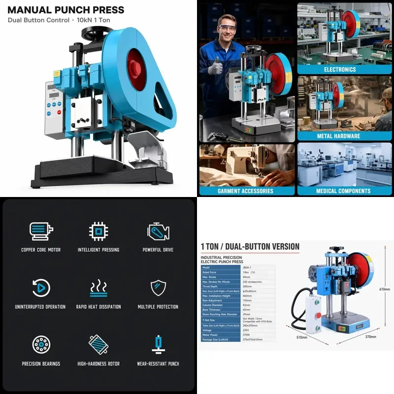 for Manual Electric Punch Press Machine 1 Ton 10kN Dual Button Control 40mm Stroke 250 SPM Copper Core Motor Emergency Stop