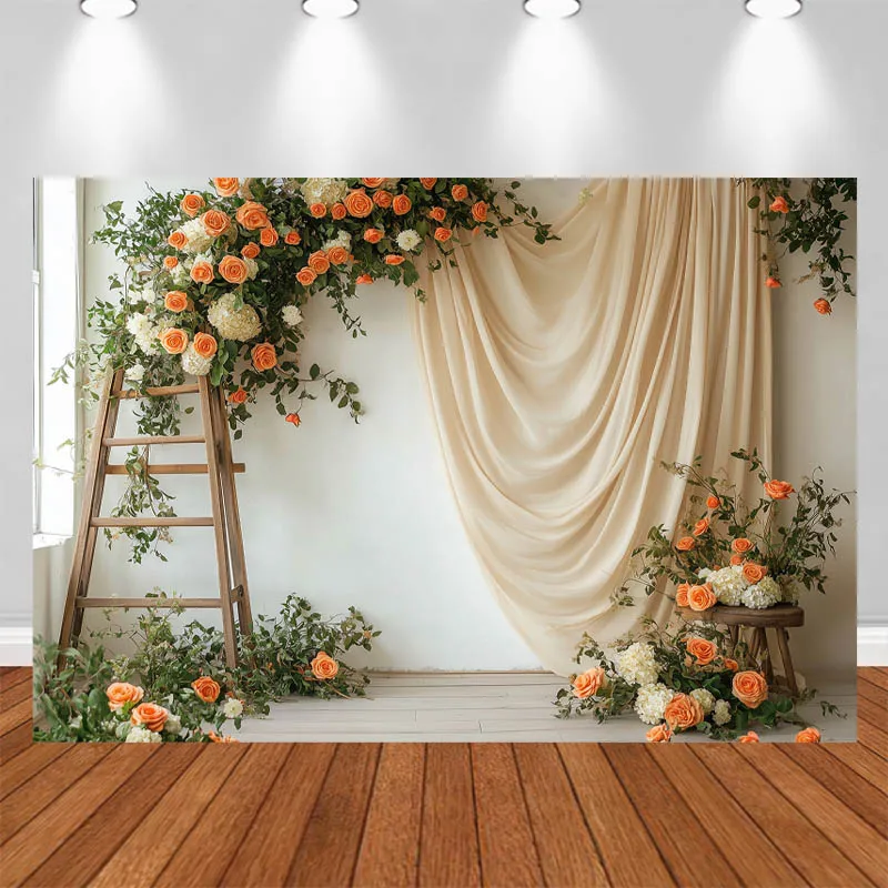 LS Memorial Day Photography Background Wooden Stairs Curtains Floral Decor Wedding Adult Portrait Photo Backdrop Studio