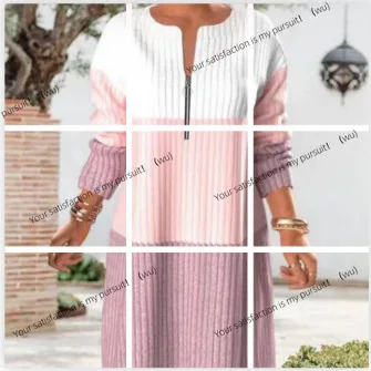 

Европейский и американский зимний новый свитер на молнии контрастного цвета, длинное платье на молнии