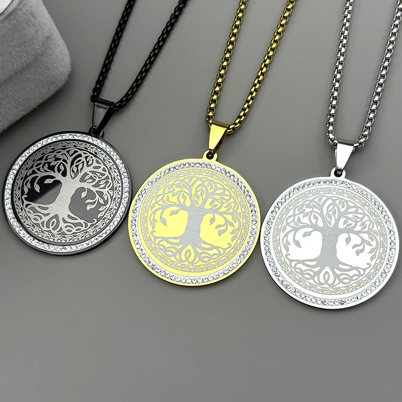 

Fashion Rhinestone Tree of Life Round Pendant Necklace for Women Men Stainless Steel Gold Color Chain Reiki Healing Jewelry Gift