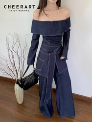 CHEERART 2 Piece Sets Women Outfit Denim Off The Shoulder Long Sleeve Top And Wide Leg Long Pants Fall Clothes 2024 Women