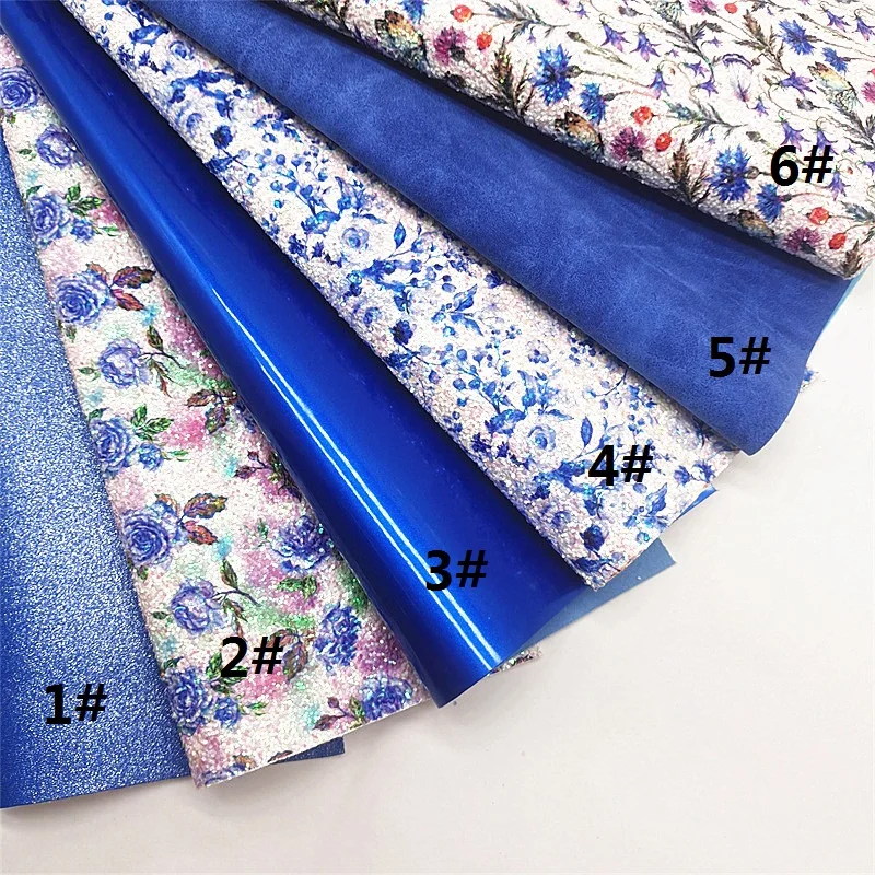 Blue Faux Leather sheets Flowers Printed Chunky Glitter Leather Suede Faux Leather Mirror Leather for DIY Craft 8.2