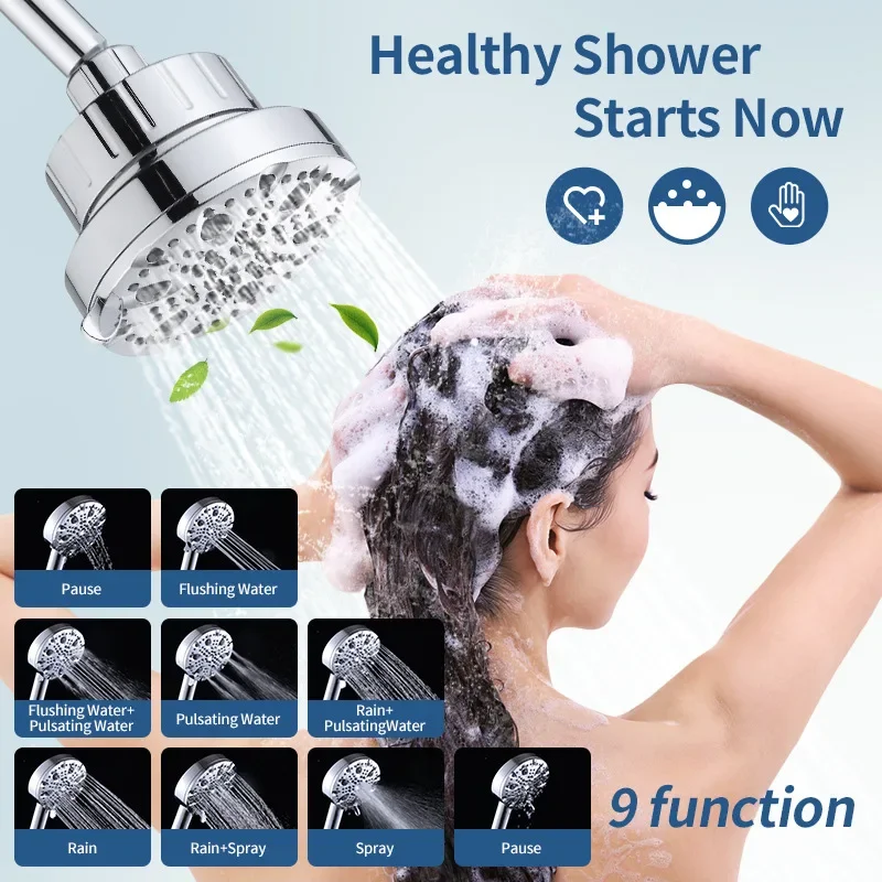 Filtered Rainfall Shower Head 9 Mode High Pressure High Flow Rain Shower Head Water Saving For Bathroom Accessory