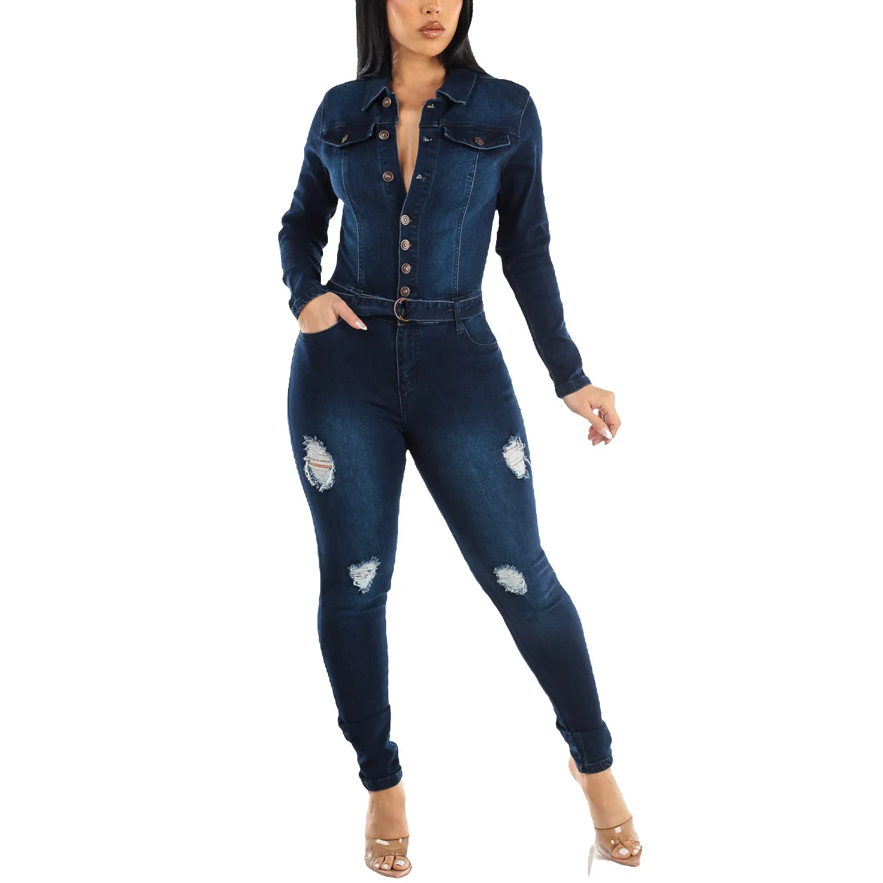 Women's Elastic Waistband Denim Jumpsuit, Long Sleeves and Holes, One Piece Overalls