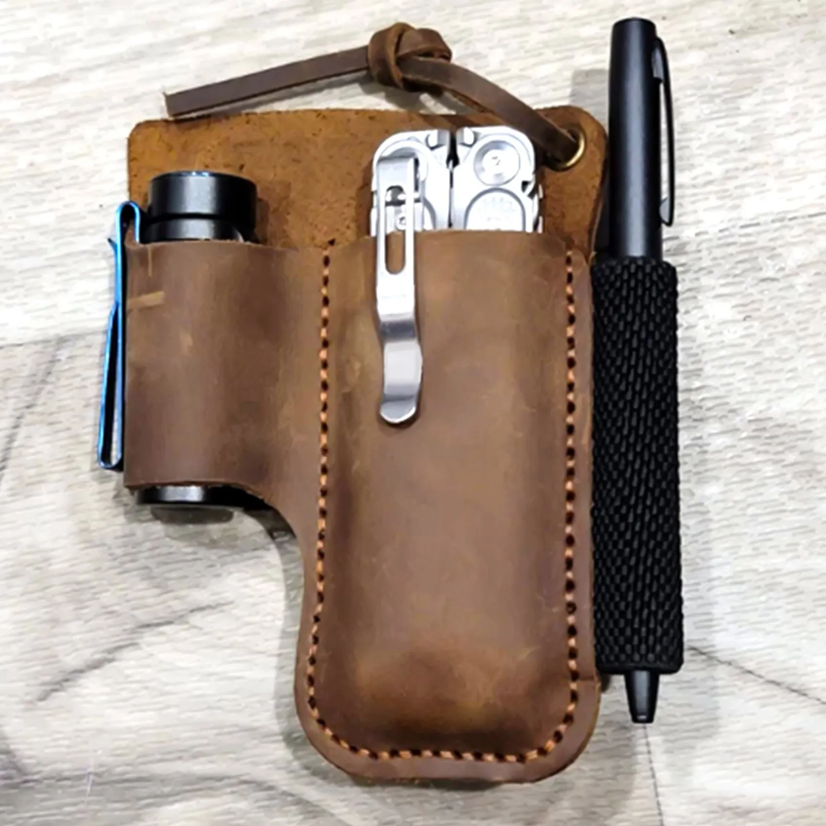 Funda de cuero hecha a mano, cuchillo plegable, soporte para linterna, herramienta EDC, marrón ZJY