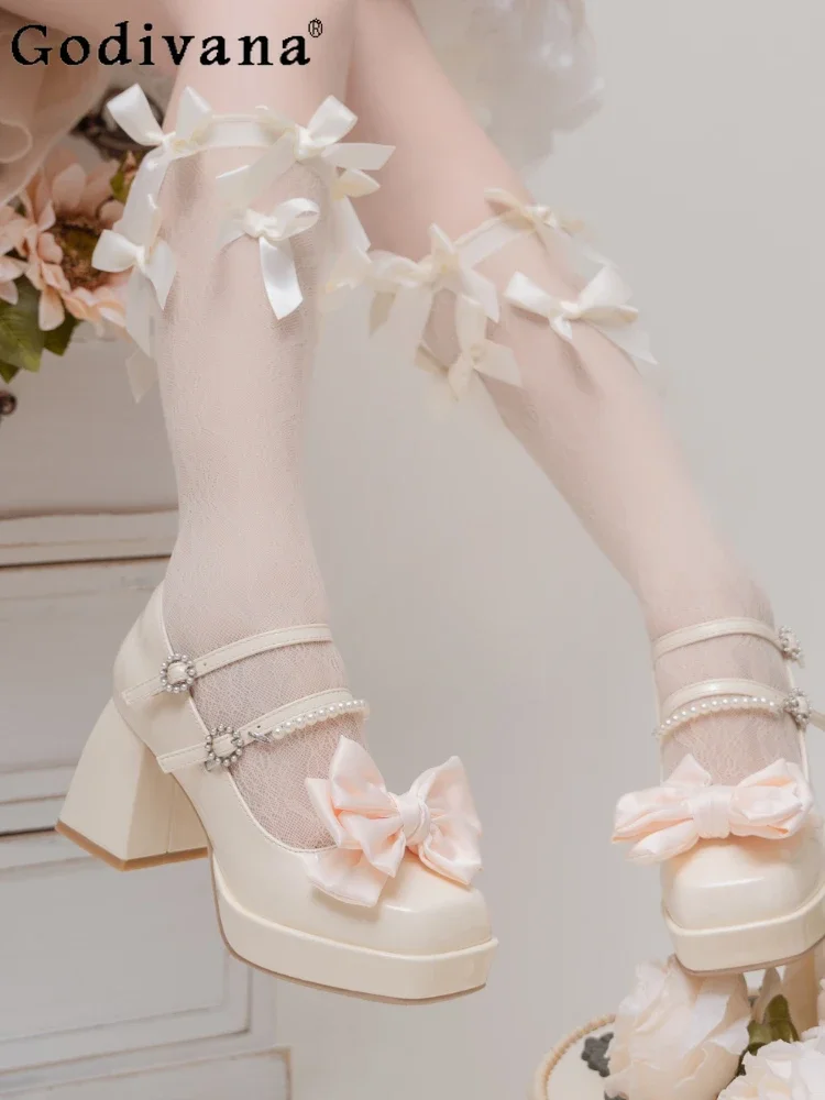 

Lolita Sweet Cute Square Toe Women's Bow High Heels Spring Autumn French Style Mary Jane Shoes Elegant Fairy Beaded High Heels