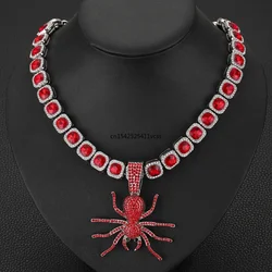 Men Women 12mm Hiphop Square Red Crystal Tennis Chain Iced Out Fashion Silver Color Spider Pendant Choker Necklace Jewelry Gifts