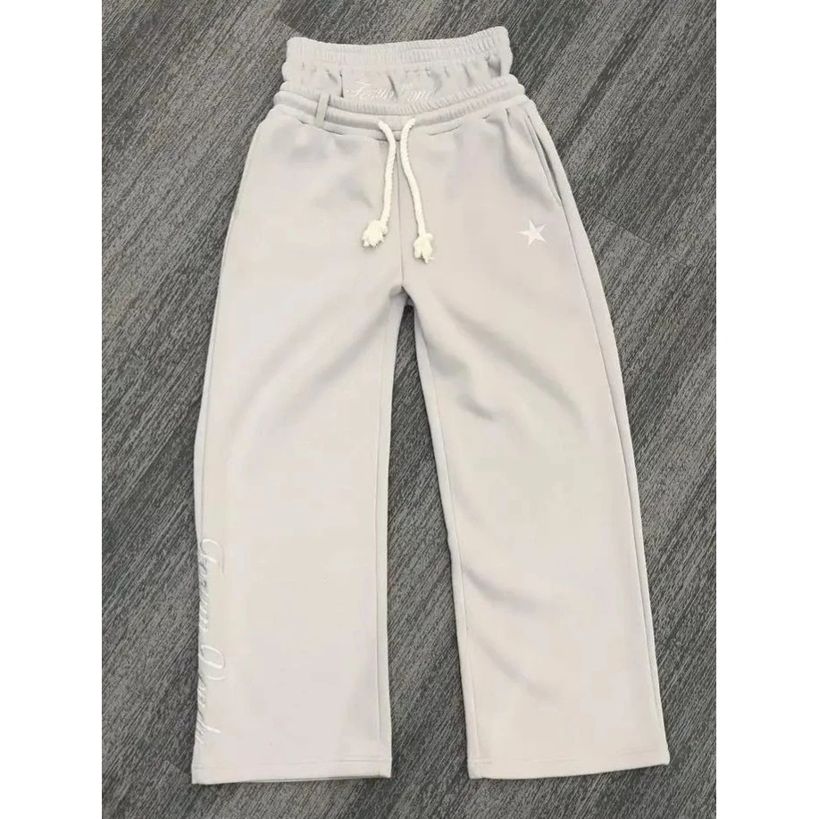 

Женские свободные широкие повседневные брюки с эффектом двухслойности, вышитые спортивные штаны в уличном стиле, с двойным поясом, модный бренд для трансграничной торговли