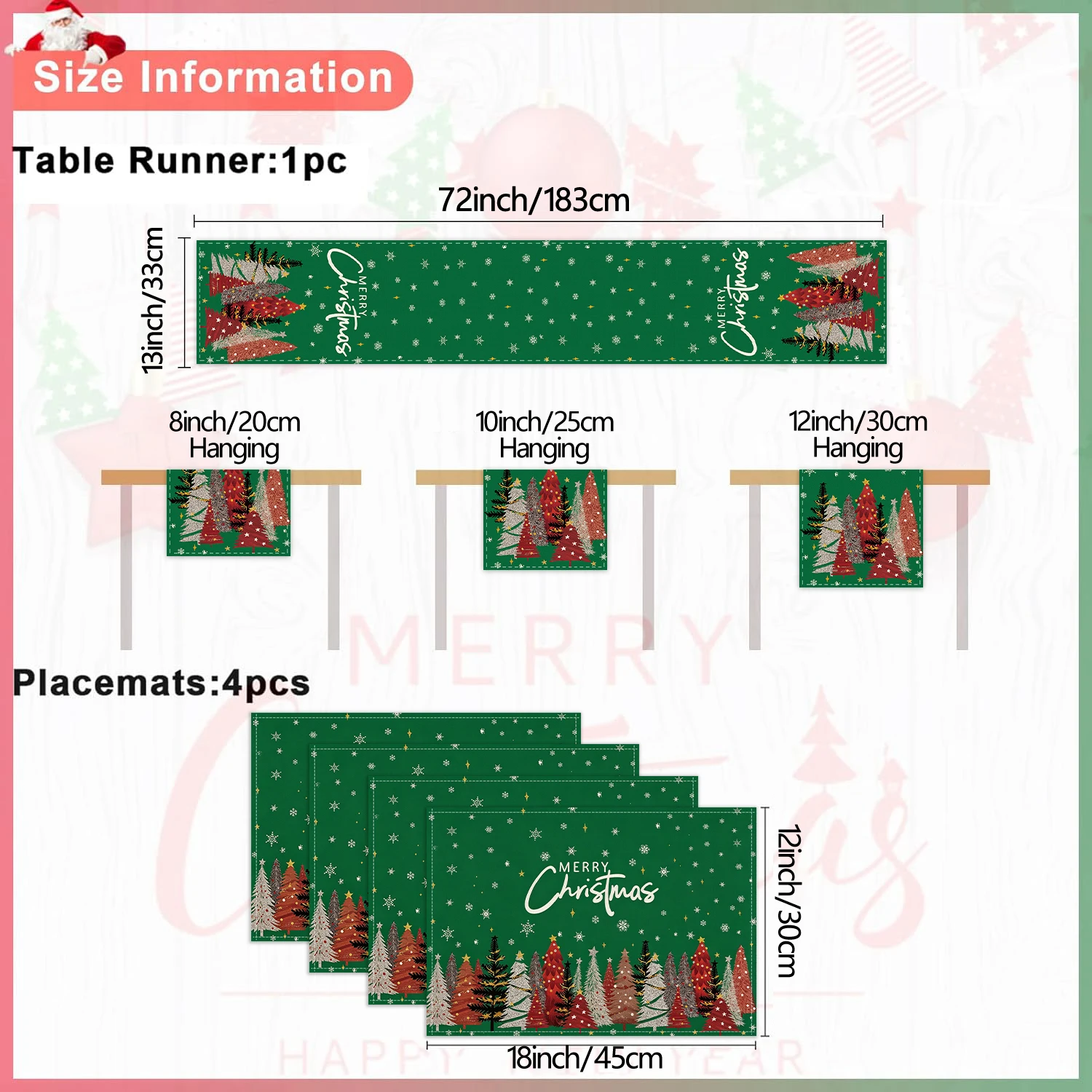 4/5/7Pcs Christmas Table Runner & Placemats Set, Xmas Tree & Snowflake Print, Heat Resistant Festive Dining Table Decor