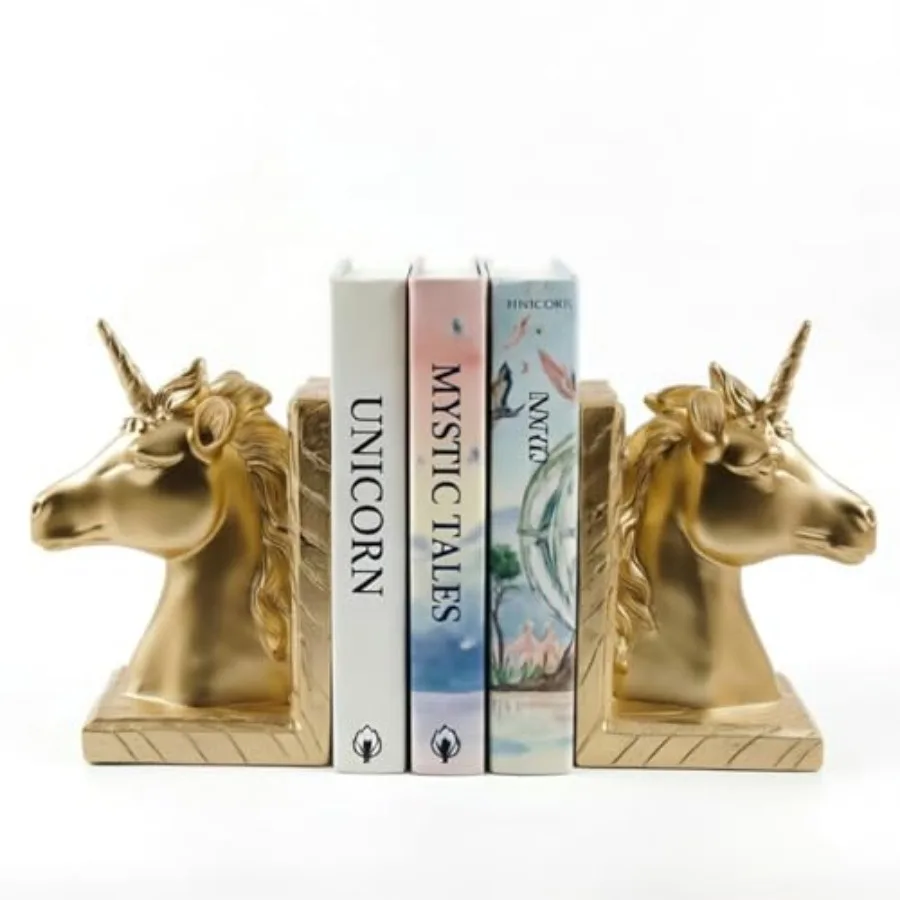 

Unicorn Book Ends for Heavy Books - Creative Resin Bookends for Shelves with Faux Wood Design, Decorative Bookends with Non-Sli