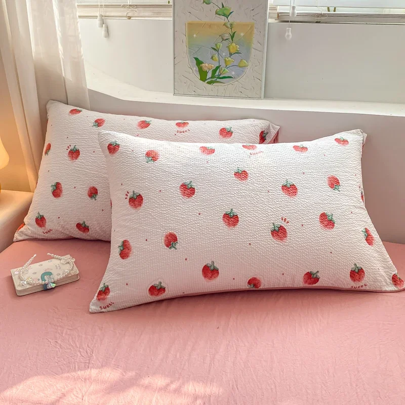 Cute Strawberry Duvet Cover Set No Filler Flat Sheet Pillowcases Ins Korean Double Full Size Soft Girl Kids Summer Bed Linens