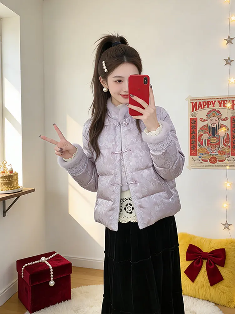 

Ele Winter Women's down Cotton Jaet New Chinese Sle Warm Cozy Retro Button Detail Thiened Long Sve ort Coat