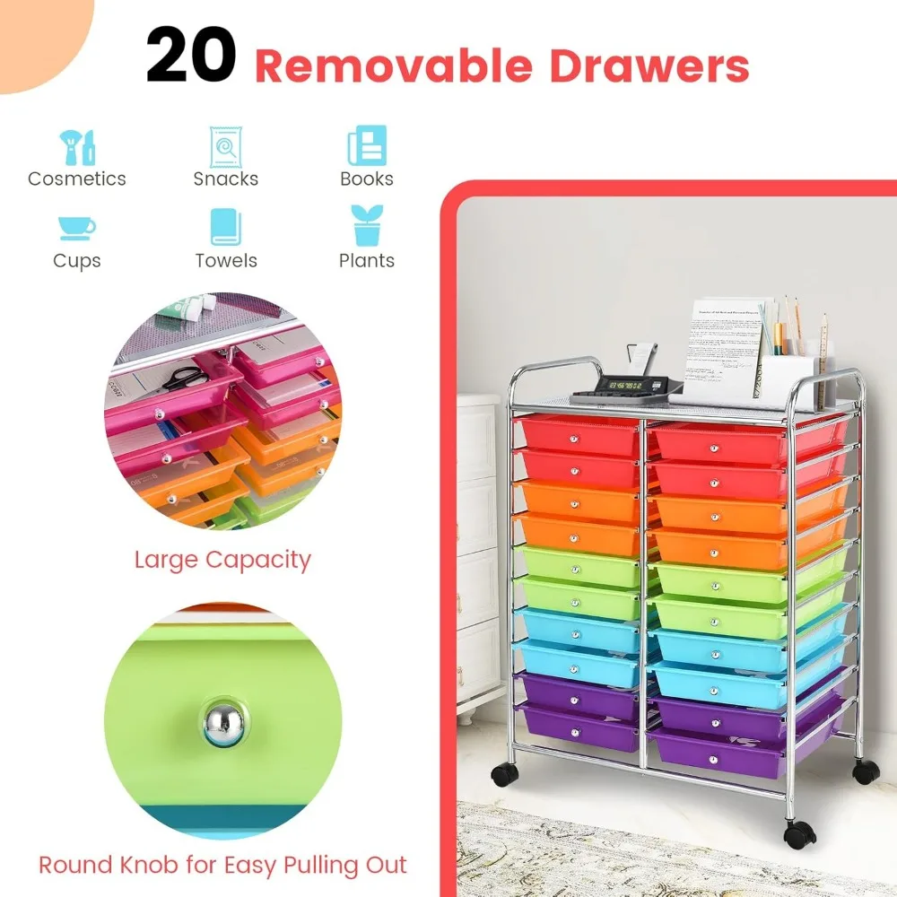 عربة تخزين دوارة متعددة الأغراض مع 20 درجًا للأدوات وسجل القصاصات والورق والحرف اليدوية والتنظيم