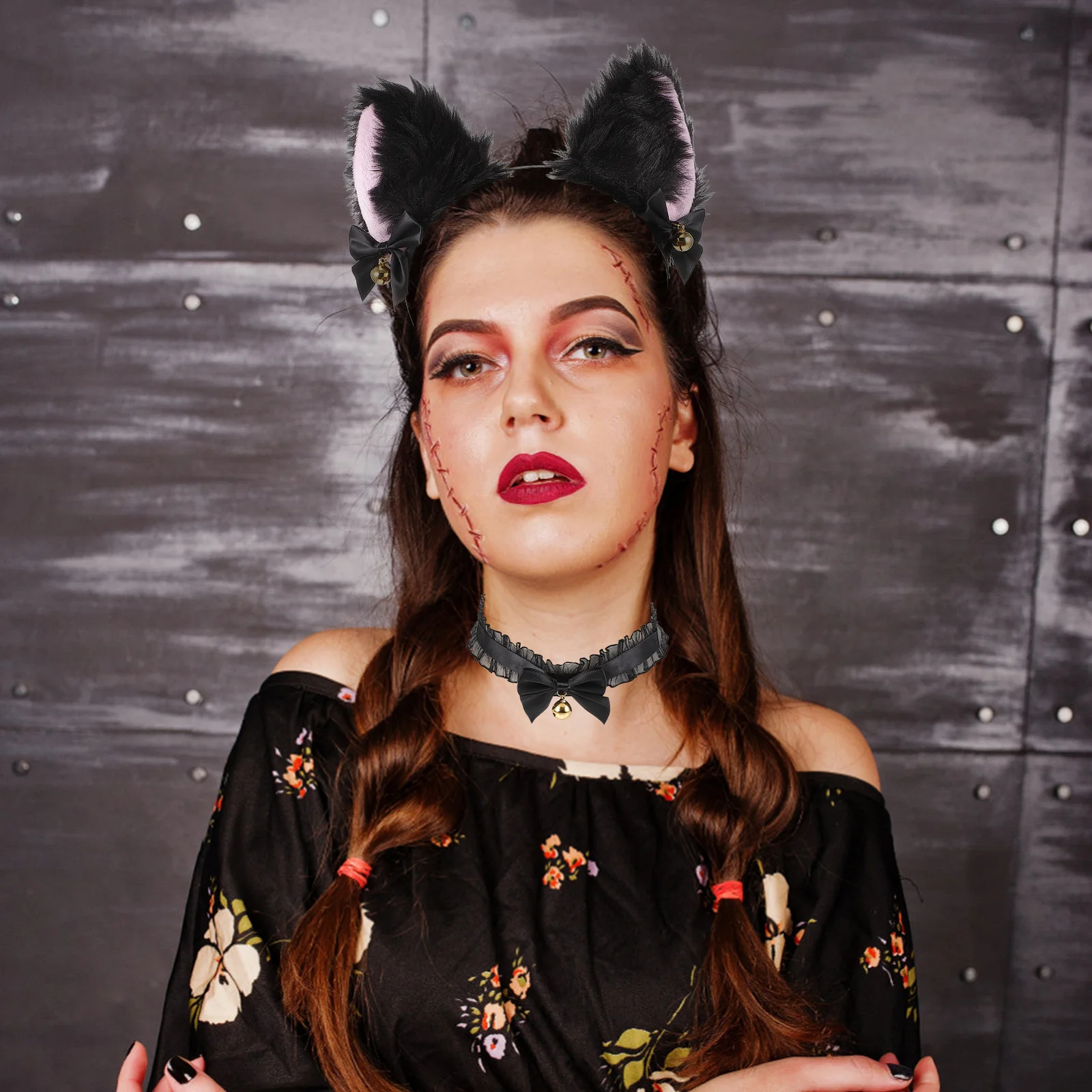 3 ensembles oreilles de chat bandeau nœud dentelle cloche collier Cosplay Performance Costume accessoires oreilles de chat bandeau col en dentelle