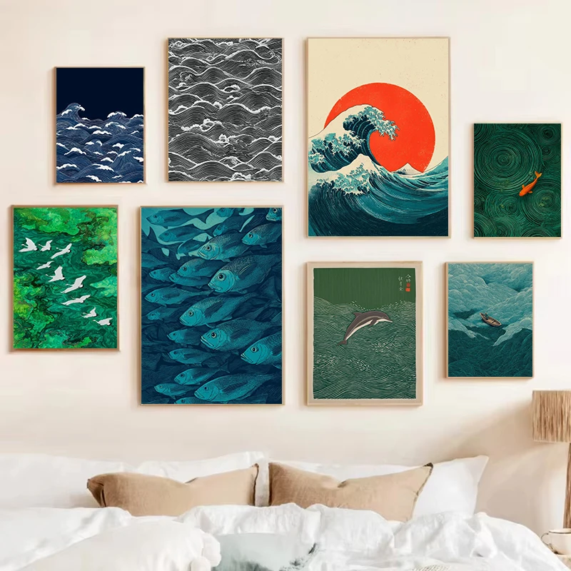 Japanese Wave Boat Koi Pond Ripple Watercolor Canvas Print Navy Blue Abstract Wave Japandi Minimalist Zen Wall Art Coastal Decor