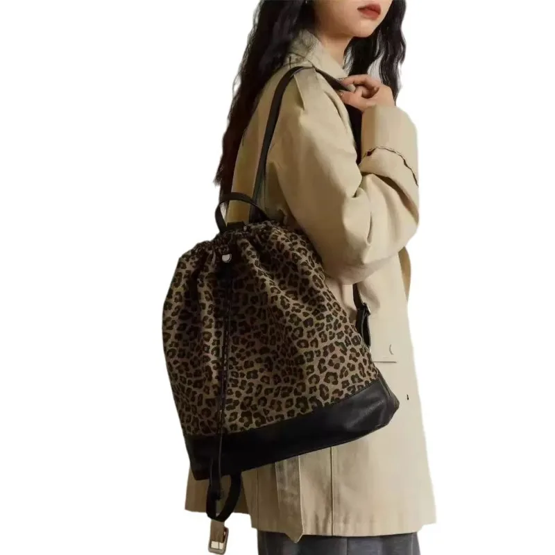 Leopard Print Backpack Fashion Commuting Large Capacity Backpacks 2024 New Drawstring Shoulders Bag for Women