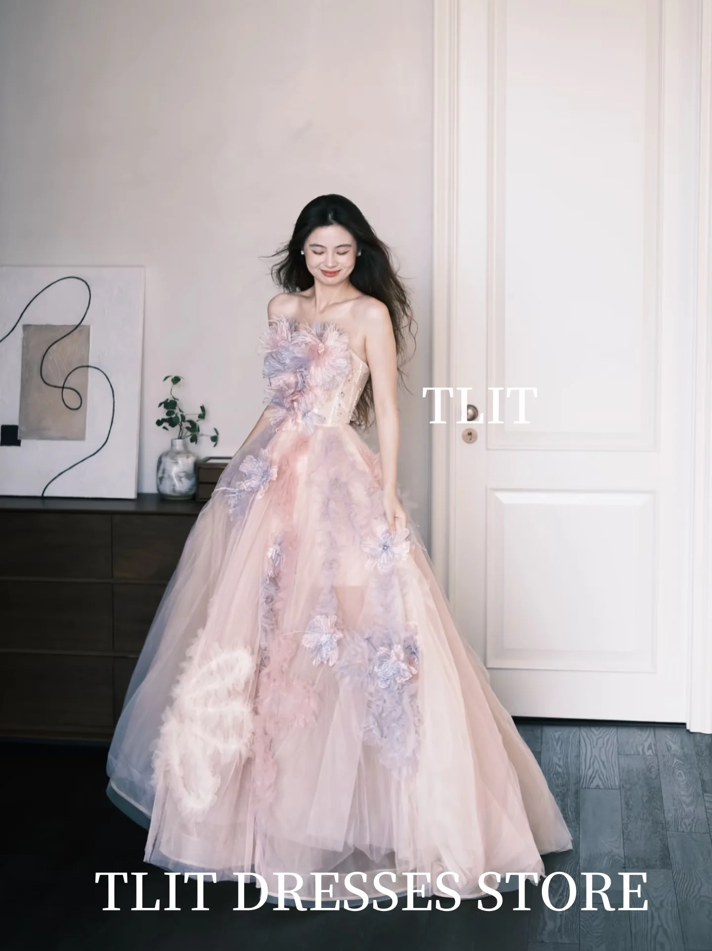 TLIT Fairy Candy Color Tulle Evening Dress Korea Wedding Dress Photo Shoot Strapless Appliques Flowers Prom Gowns Customized