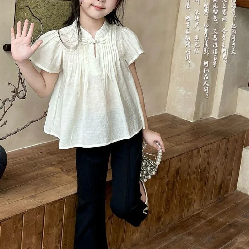 

New Chinese Style Buckle Doll Shirt 2025 Summer Girls' Short Sleeved T-shirt with A Stylish A-list Style Lightweight Top