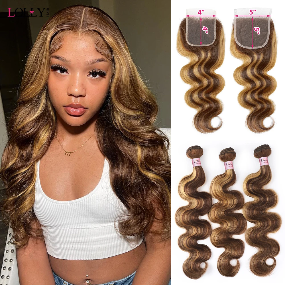 5x5 Closure With Bundles Highlight Bundles With Closure Transparent P4/27 Ombre Honey Blonde Body Wave Bundles With Closure