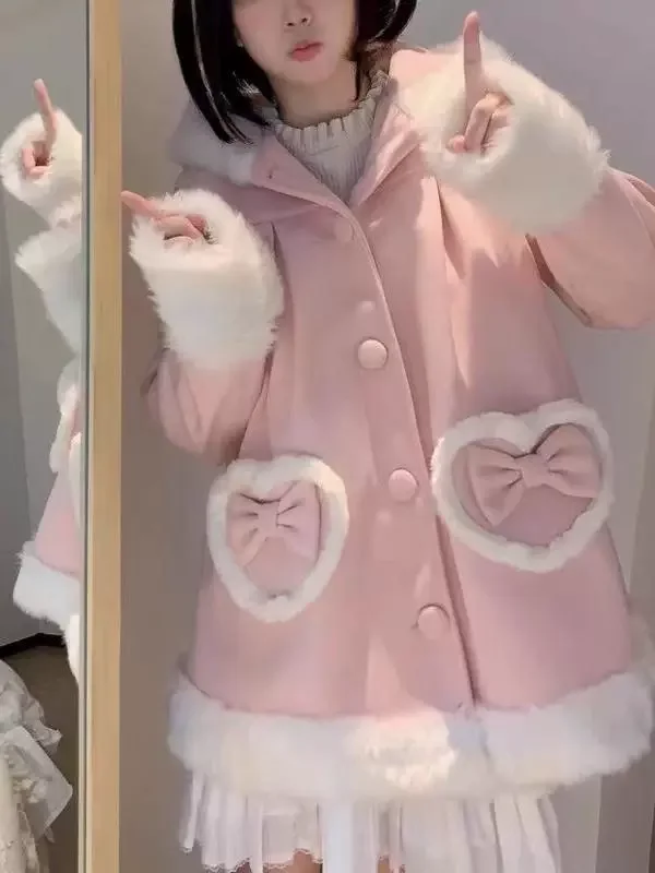 Fall Winter Sweet Rabbit Ears Hooded Woolen Coat Female Student Loose Medium Length Pink Woolen Coat Jackets for Women
