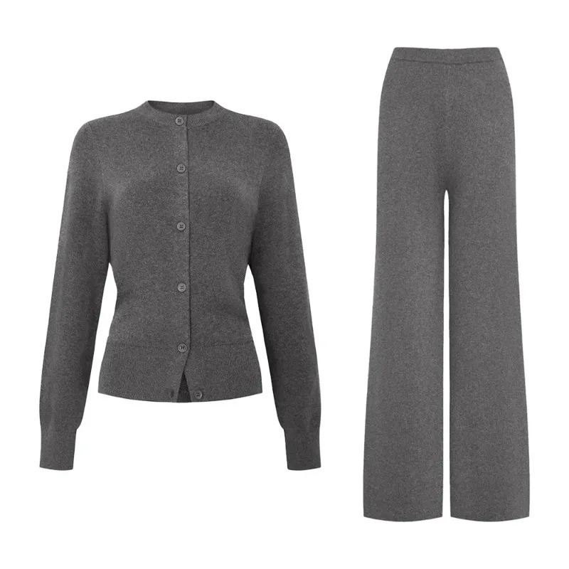 Long-sleeved Shirt Pants Knitted Set Nautumn Simple Solid-color Sweater From Europe America Cross-border Foreign Trade Cardigan