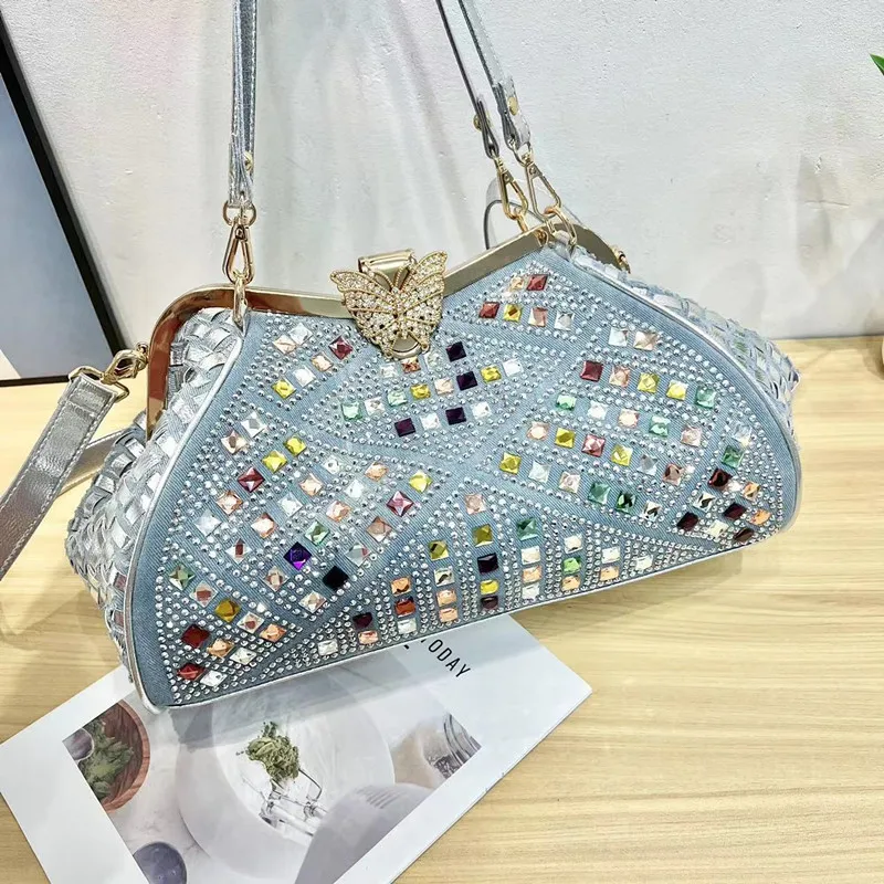 Designer New butterfly buckle cowboy color diamond braid hot diamond fashion Shoulder Crossbody Butterfly Clip Luxury Bag