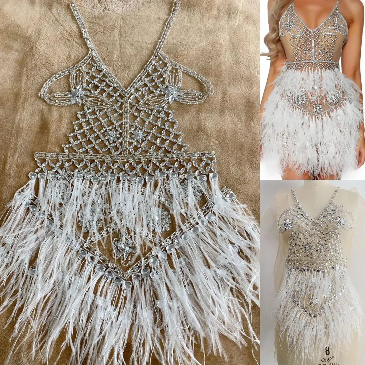 Abito da festa in pizzo tulle bianco argento tessuto piume di struzzo gonna sexy tubo di perline di lusso con paillettes strass materiale diamante caldo