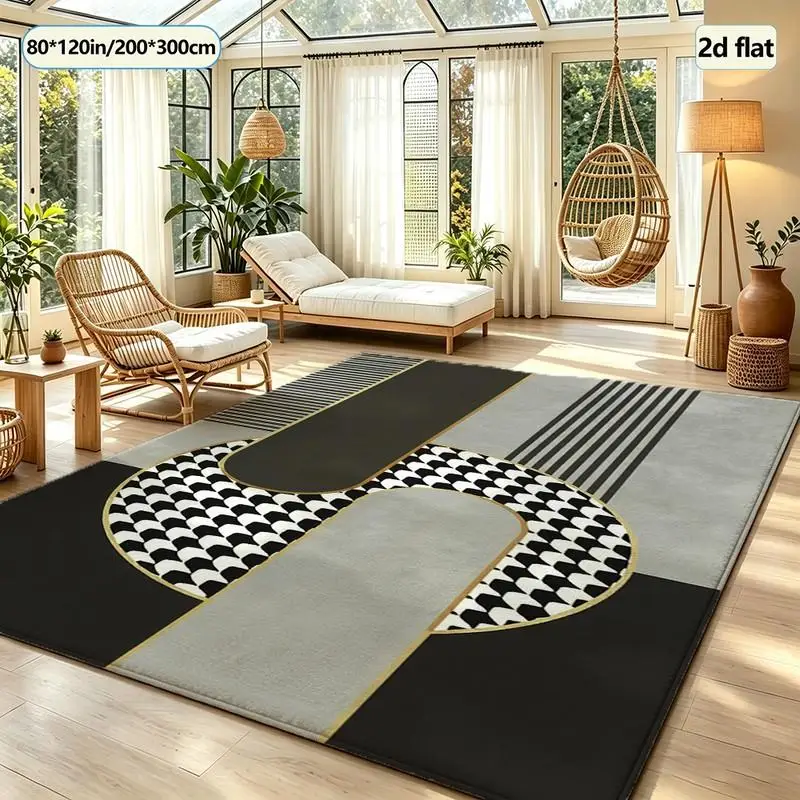 Black and White Houndstooth Pattern with Gold Trim Carpet Floor Mat Luxury Art Deco Geometric Home Decor Living Room Bedroom Floor Carpet