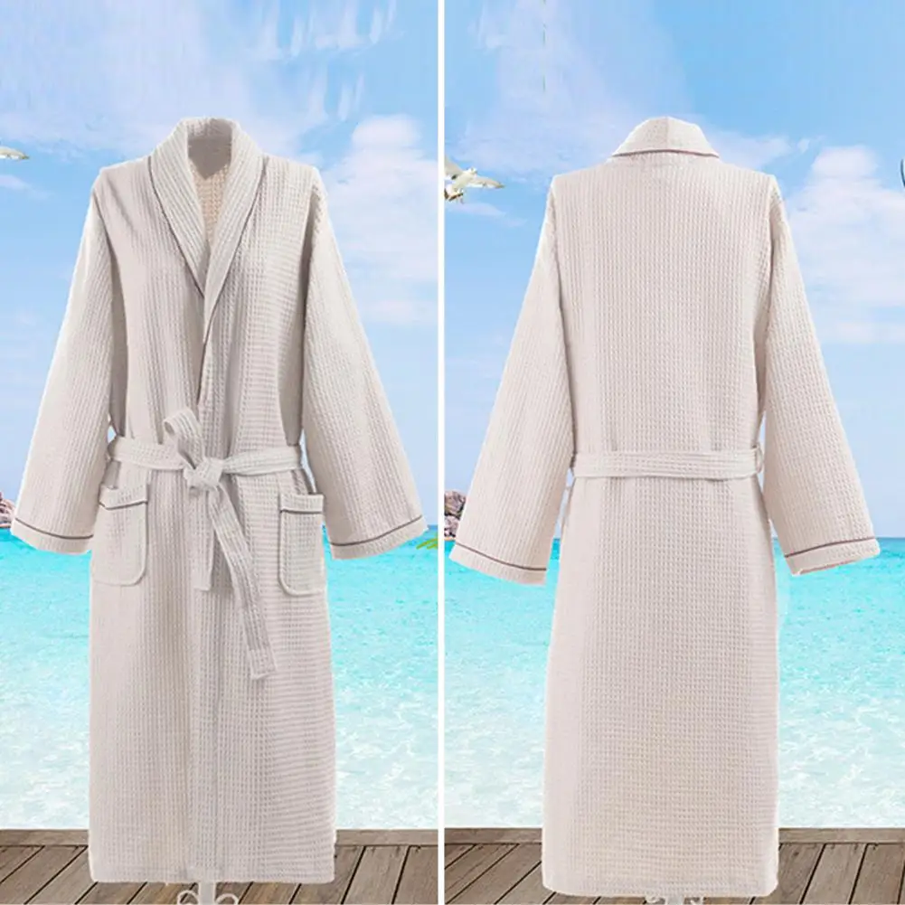 Unisex Nightgown V Neck Soft Lace-up Waist Pockets Sleepwear Spring Towel Bathrobe Hotel Dressing Gown Beauty Parlor Shower Gown