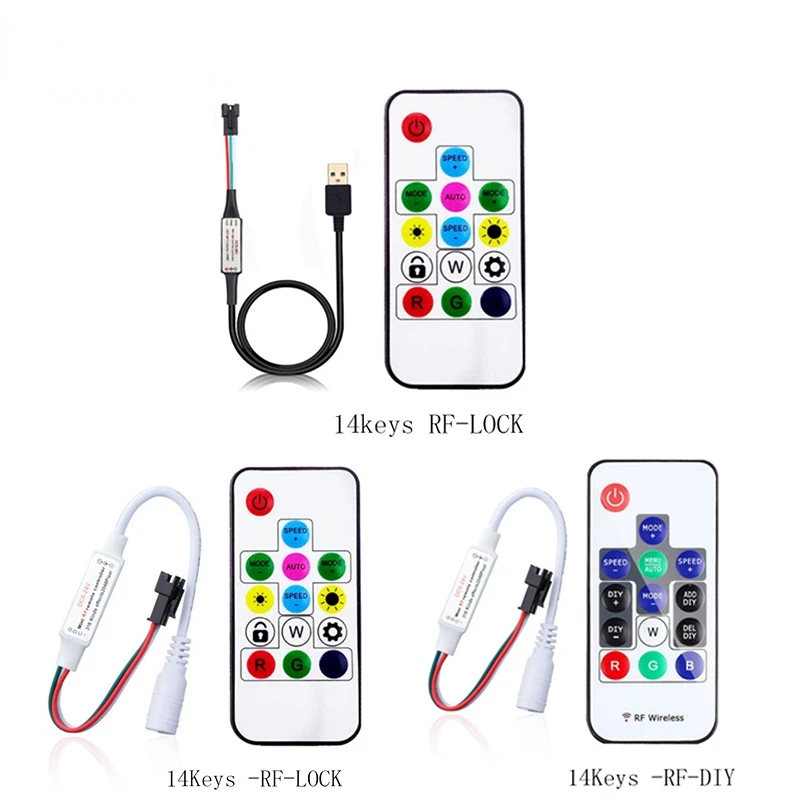 

WS2811 WS2812B SK6812 Led Pixel Controller RF 14 Keys With Remote DC/USB 14keys Control DC 5V/12V Colourfu