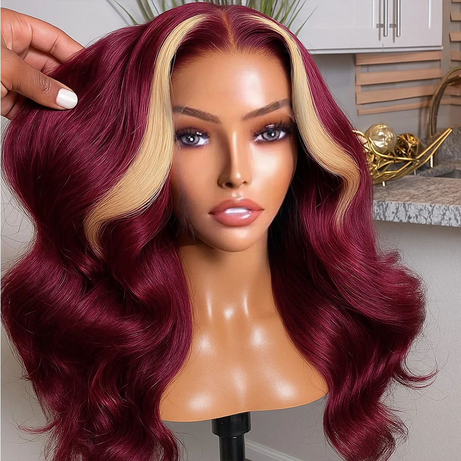 99J/613 ハイライトブロンドとバーガンディレッドの人毛ウィッグ、プレプラッキング済みブラジリアンボディウェーブ、13x4 HD透明レースフロントウィッグ