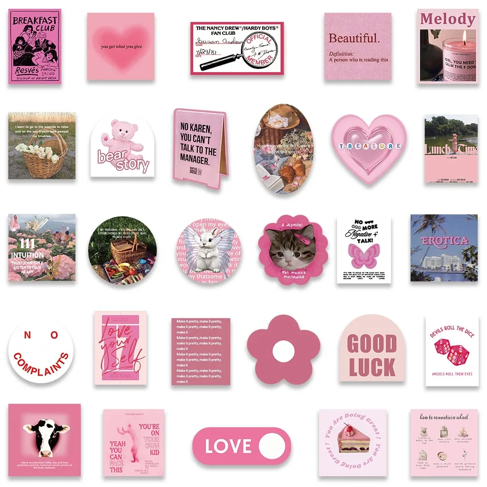 56PCS Ins Style Simple Fresh Pink Girl Cute Sticker Aesthetic Decal for Diary Fridge Notebook Phone Waterproof Bottle Sticker