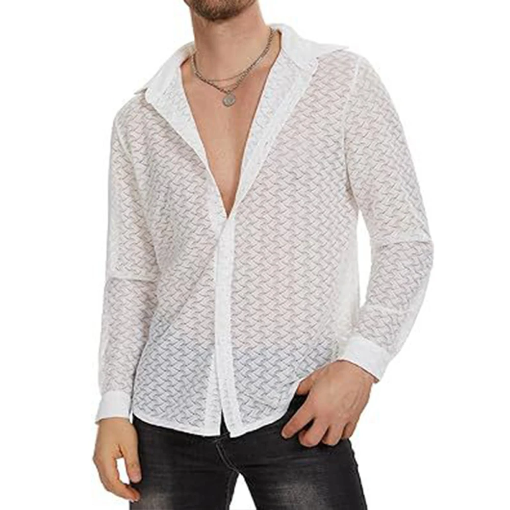 Men\'s Lace Perspective Shirt Fashion Solid Color Lapel Button Sexy Openwork Mesh Long Sleeve Shirt Holiday Casual Top