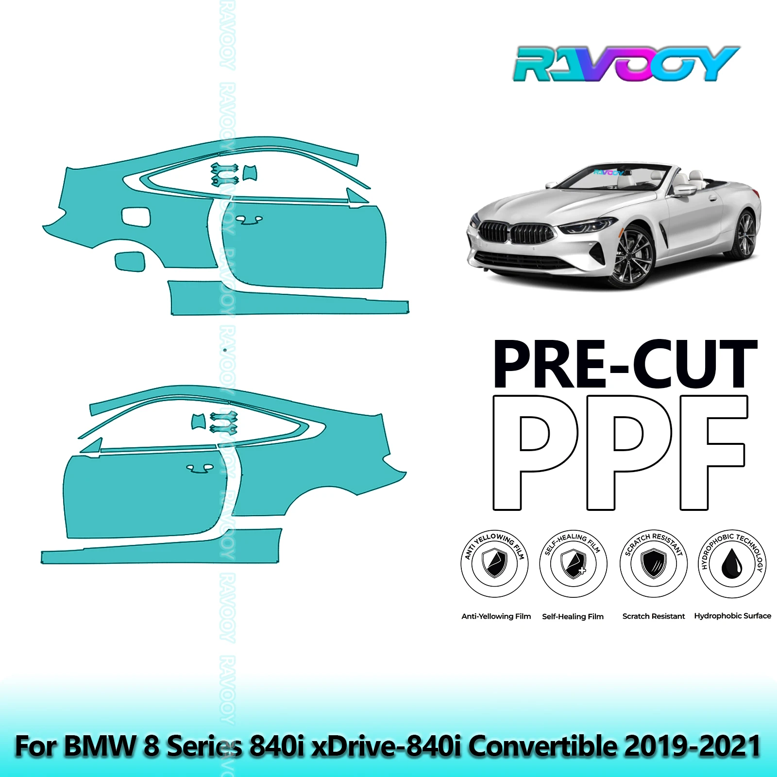 

For BMW 8 Series 840i xDrive-840i Convertible 2019-2021 8.5mil Pre-Cut PPF Door & A/B Pillar Kit TPU Paint Protection Film Set